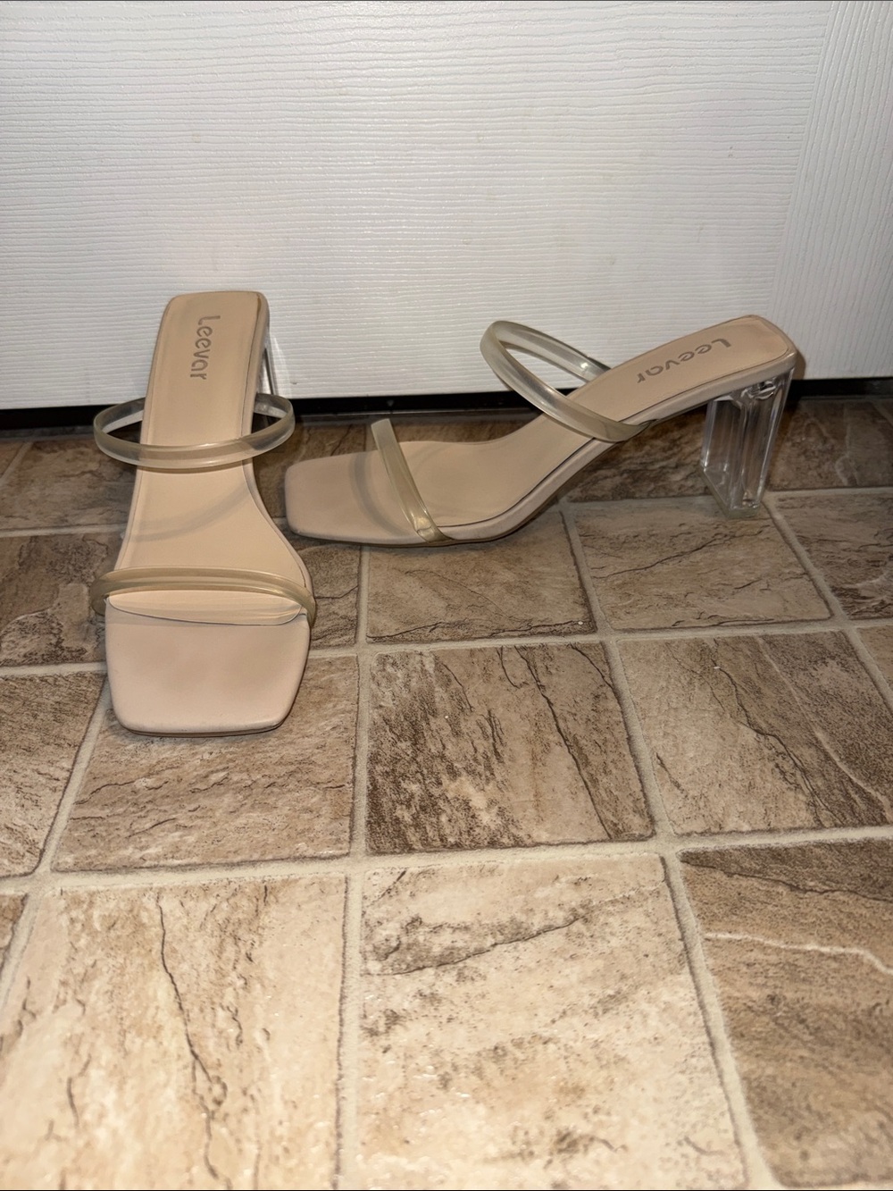 Clear-Strap Block Heel Sandals in Nude
